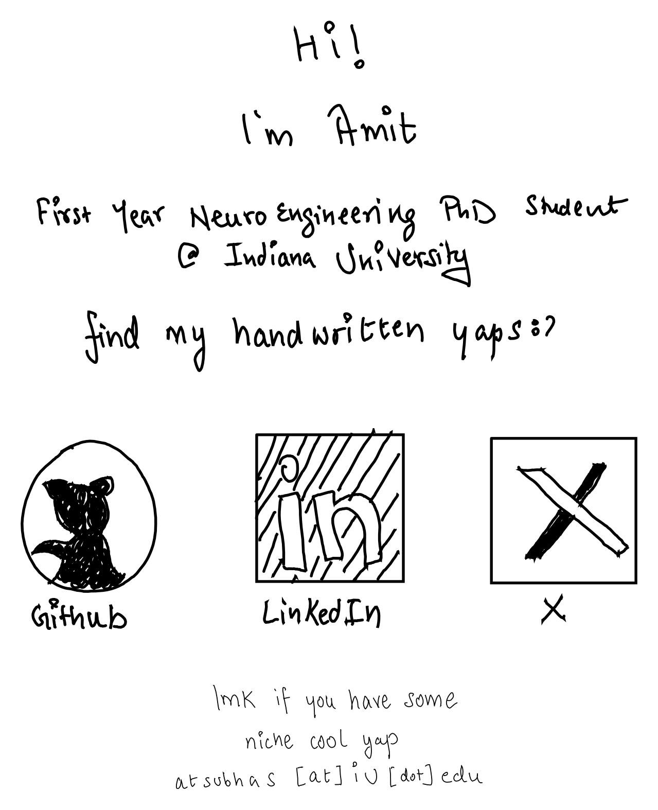 Handwritten introduction card for Amit, a first-year neuroengineering PhD student at Indiana University, with icons for GitHub, LinkedIn, and X, inviting contact for sharing research interests.